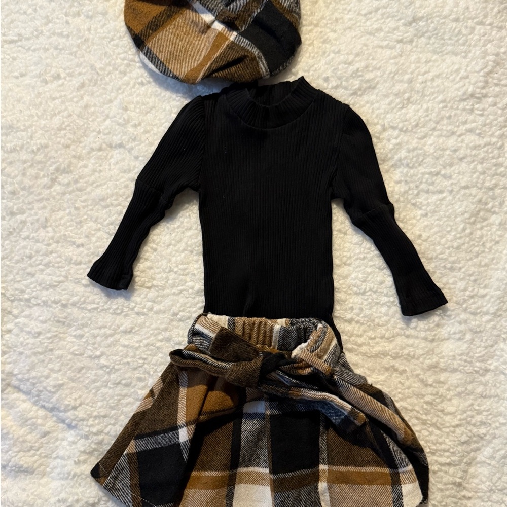 Black Long Sleeve with Plaid Skirt and Matching Beret